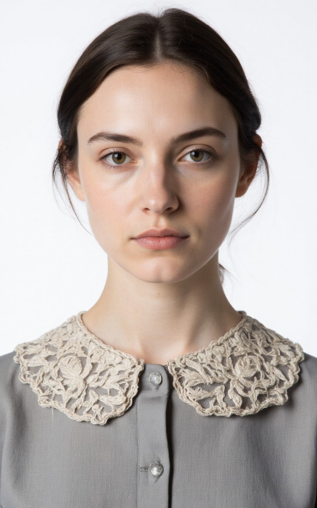 A French female model wearing a dress with an Embroidered collar, white background, front   facing bust portrait